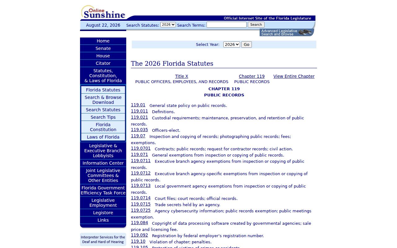 Florida public records law index