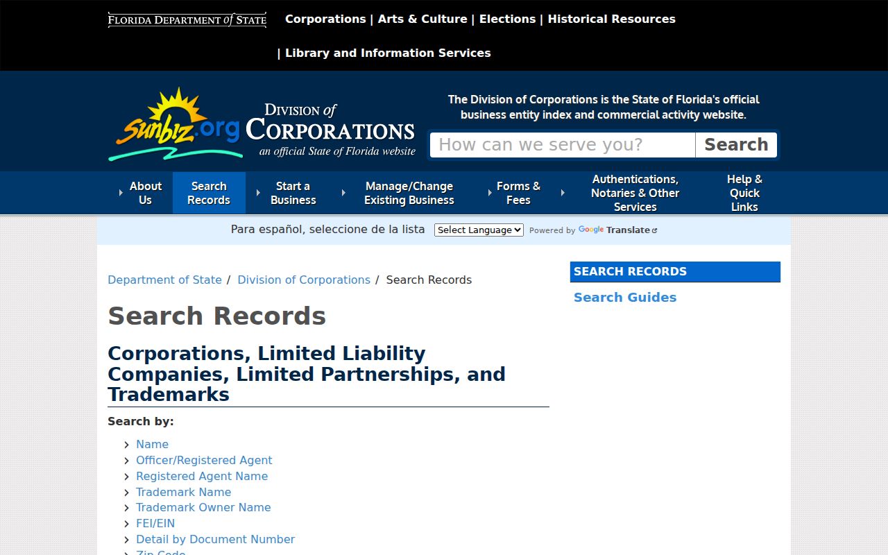 Florida Sunbiz official business search menu