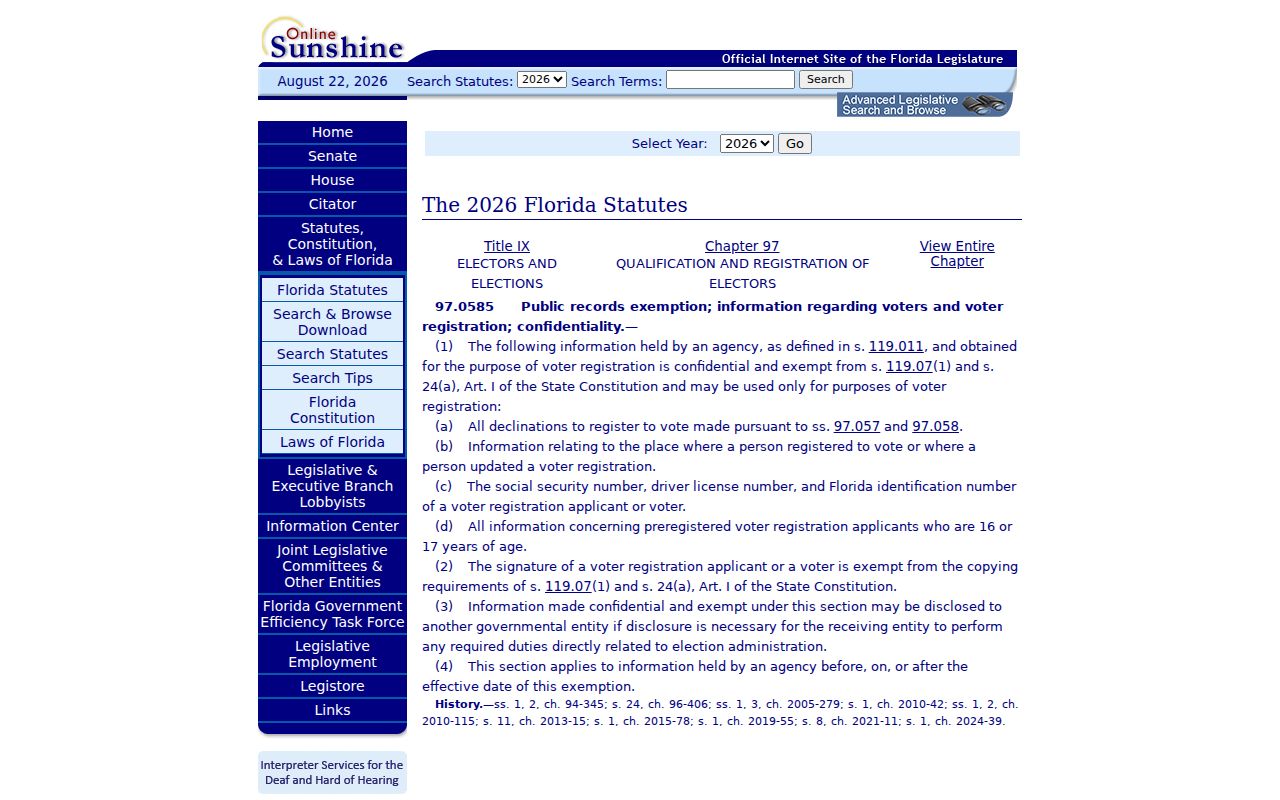 Florida voter confidentiality statute relevant to New Smyrna Beach neighbors