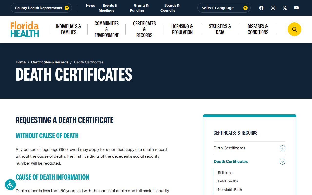 Florida death certificate information for previous New Smyrna Beach residents