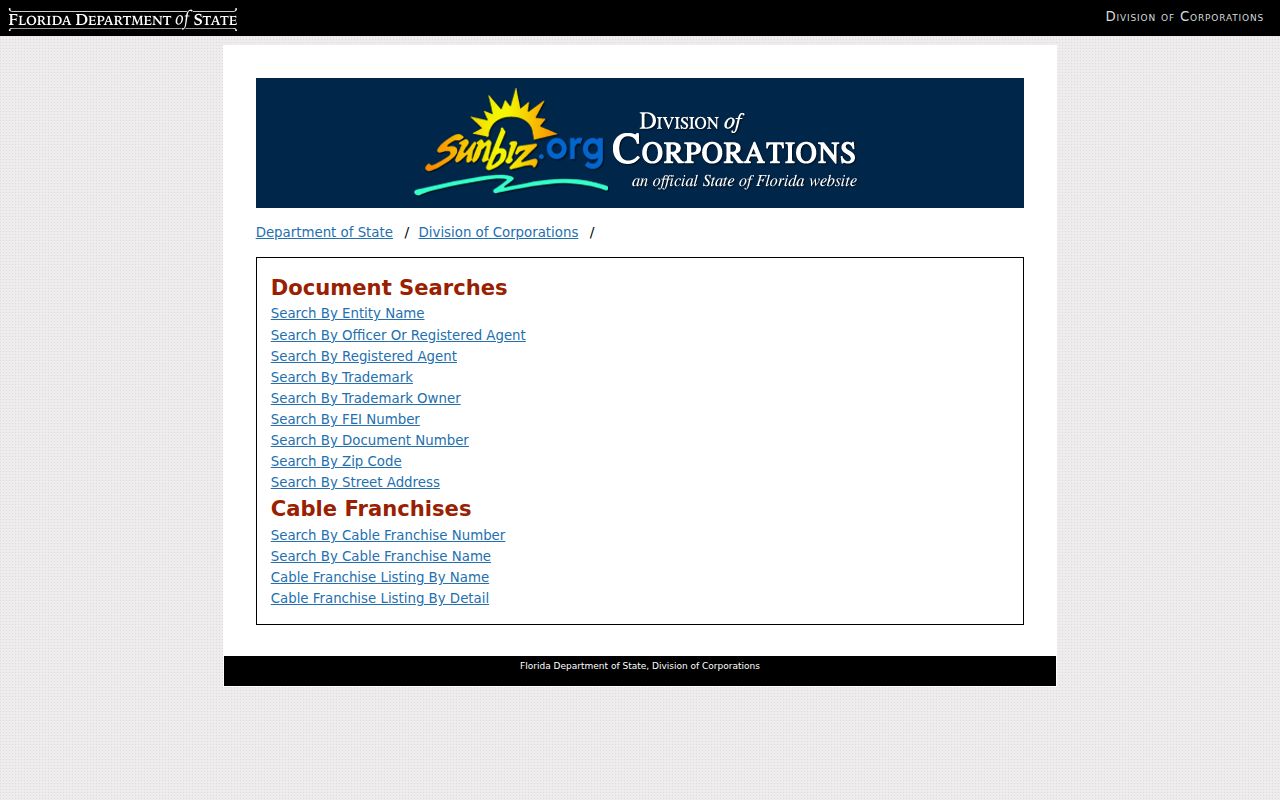 Sunbiz record search modes used to verify a New Smyrna Beach business role